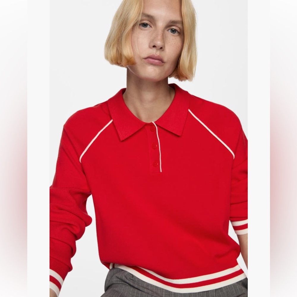 MANGO Varsity Stripe Trim Polo Sweater